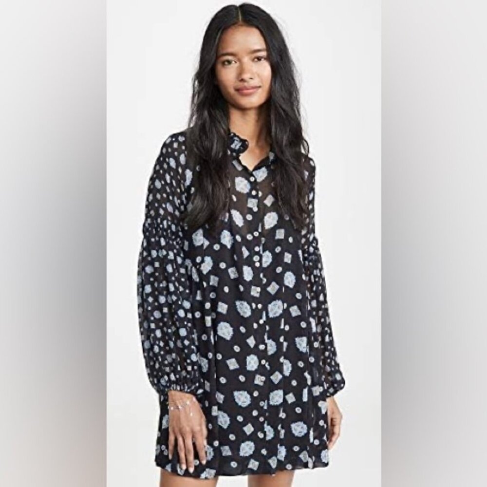 Free People Boho Turn Turn Sheer Mini Dress Size M Printed Festival Peasant - Picture 2 of 15